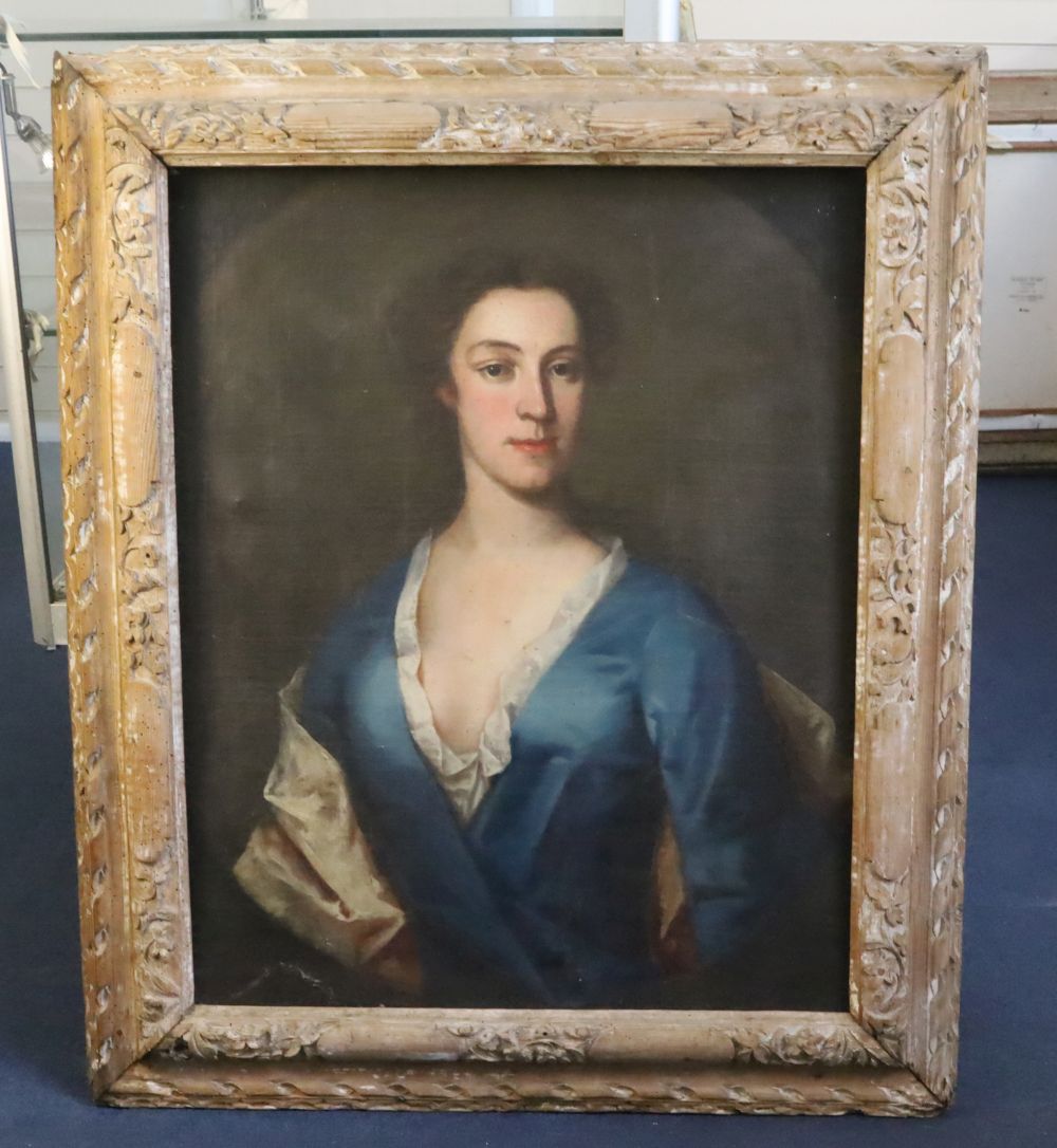 18th century English School, oil on canvas, Portrait of a lady wearing a blue dress, painted to the oval, 73 x 59cm